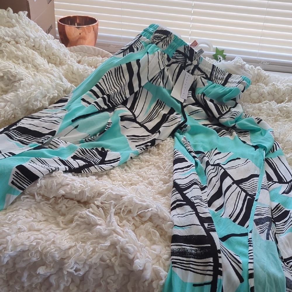 Trina Turk Turquoise, Black & White Abstract Wide-Leg Pants